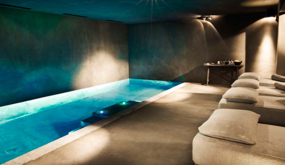 A beautiful relaxation area in the spa of a luxury chalet in the Alps