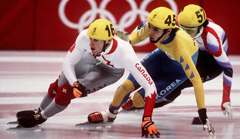 Speed skaters take part in an Olympic event