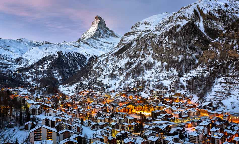 A stunning birds eye view of Zermatt as the evening sets in