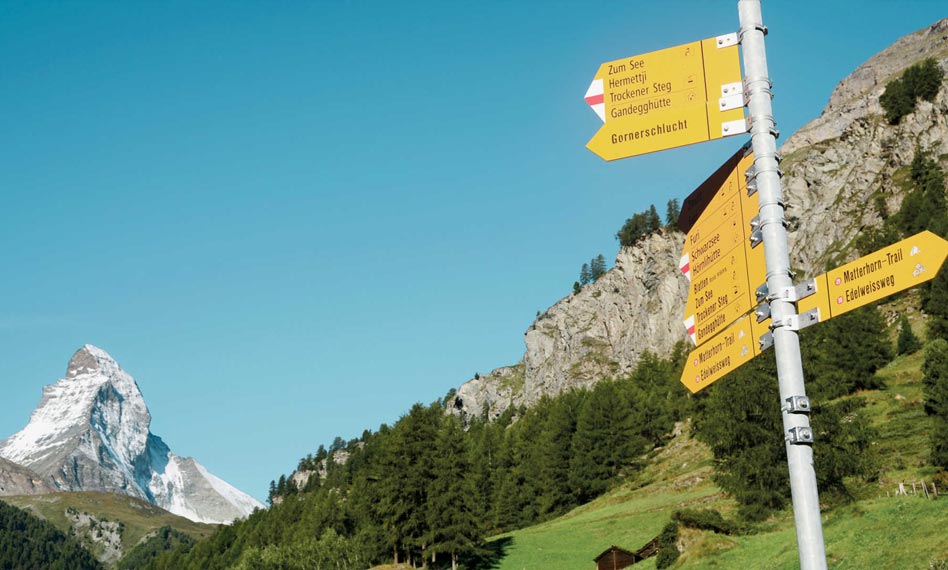 Signs to guide the way on the many treks around Zermatt